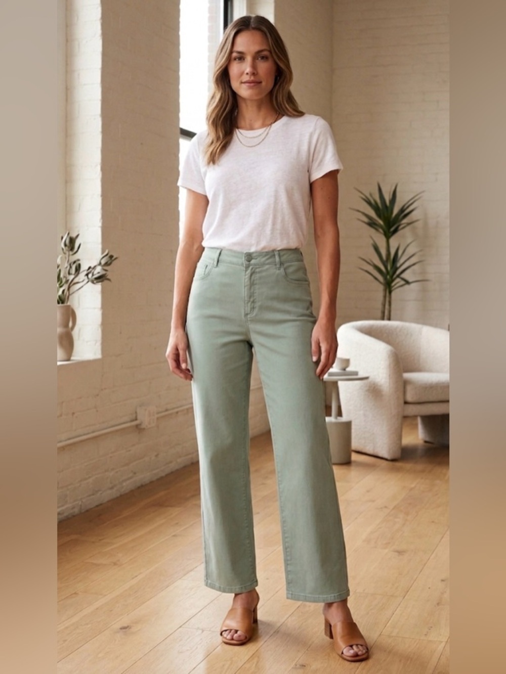 Loft High-Waist 5 Pocket Wide Leg Pants in Soft Sage Green - Sz 32/14 - NWT